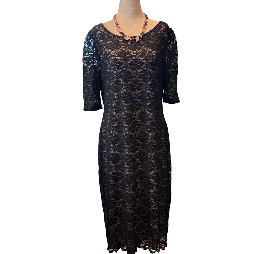 Candalite Womens XL Black Floral Lace Sheath Dress Nude Lining Keyhole Back New